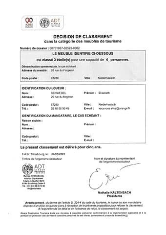 Classement meublé de tourisme du gîte en Alsace