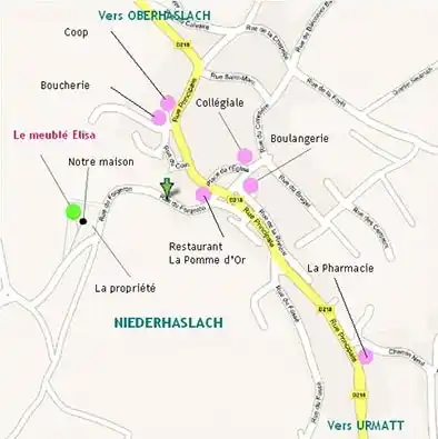 Plan détaillé du village de Niederhaslach avec accès au gîte Le Jardin d'Elisa